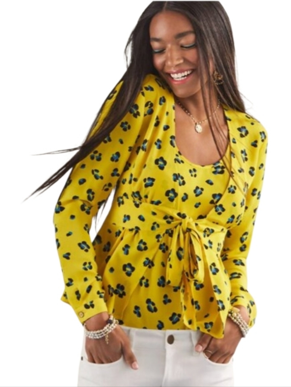 CAbi Bright And Sunny 2-piece Set Yellow Floral Tie-Front Blouse With Cami